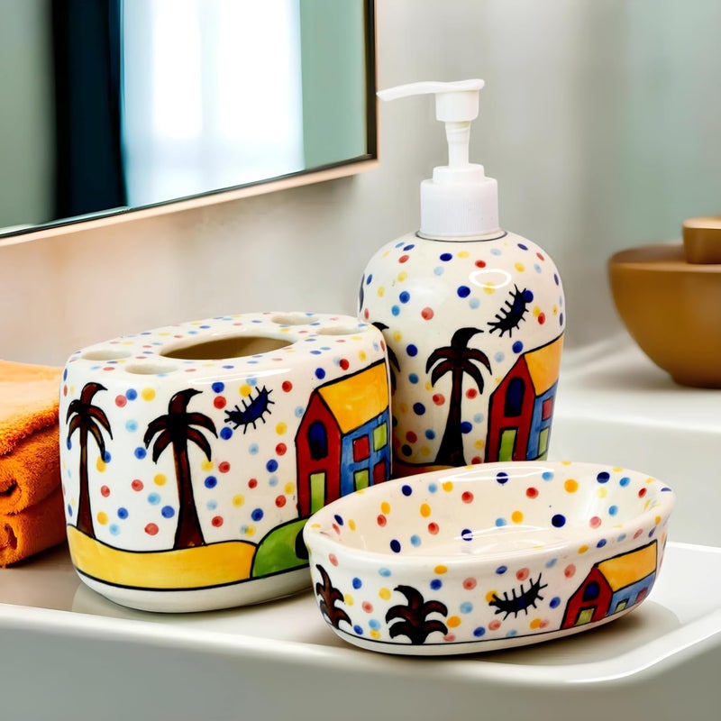 Kaolinite Ceramic Bathroom Accessories Set for Utility and Bathroom Decor Liquid Soap Dispenser soap Tray Toothbrush Holder Premium Bath Decor Multicolor - Image 1