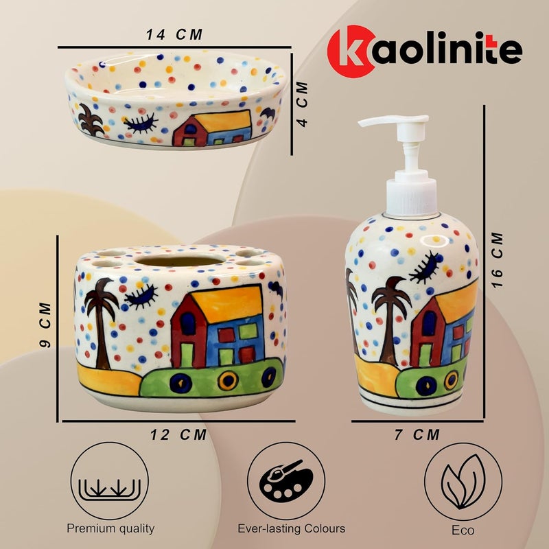 Kaolinite Ceramic Bathroom Accessories Set for Utility and Bathroom Decor Liquid Soap Dispenser soap Tray Toothbrush Holder Premium Bath Decor Multicolor - Image 3