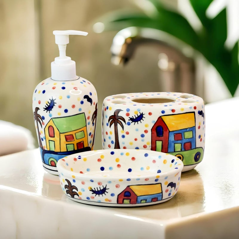 Kaolinite Ceramic Bathroom Accessories Set for Utility and Bathroom Decor Liquid Soap Dispenser soap Tray Toothbrush Holder Premium Bath Decor Multicolor - Image 2