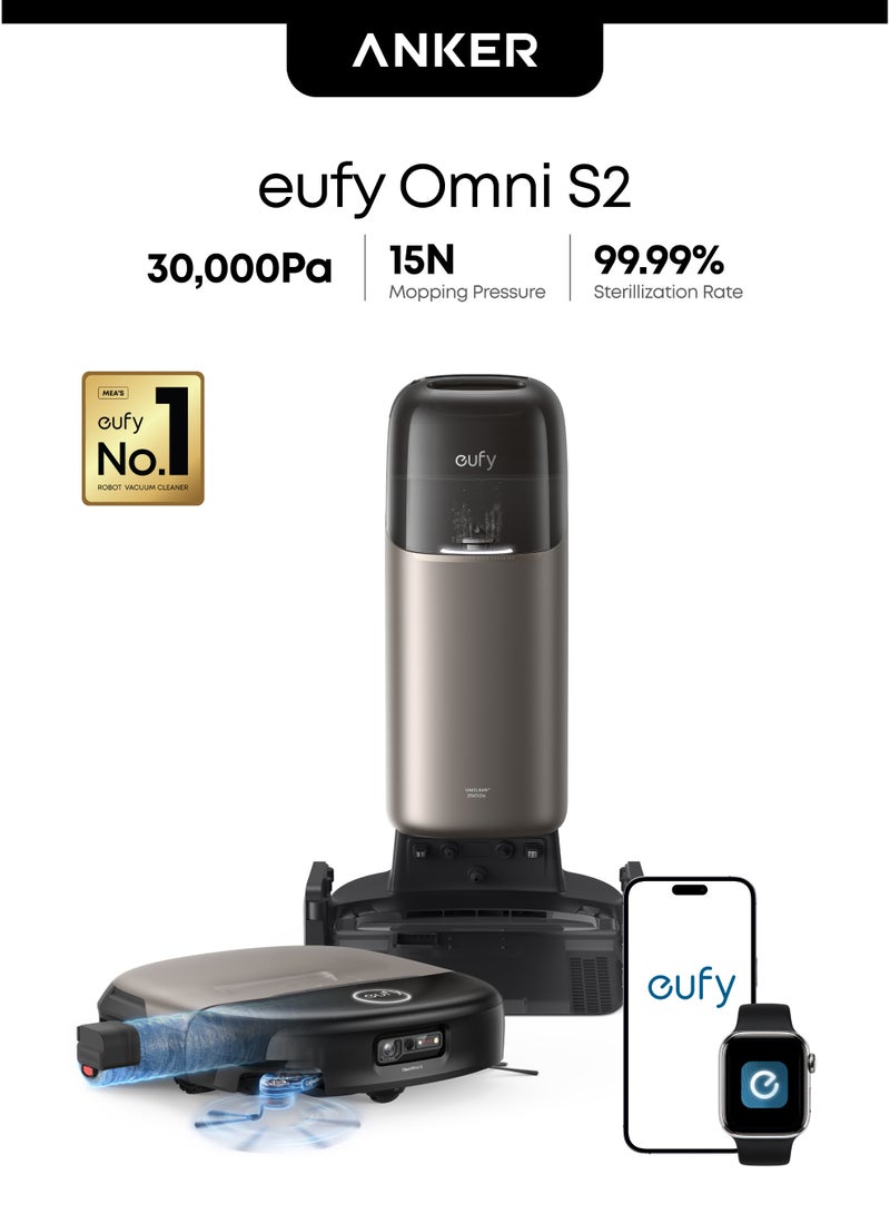 eufy Omni S2 Robot Vacuum Cleaner with Mop, 30,000Pa Suction, HydroJet 2.0, All-in-One Station 35 W T2081 black - Image 1