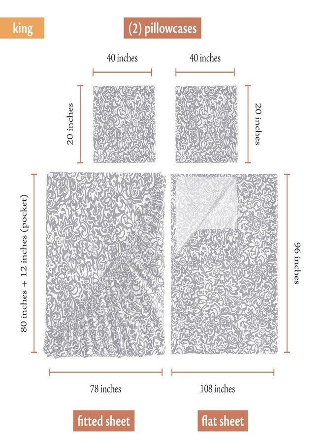 Indigo Ink حبر نيلي | مجموعة ميدالية منسوجة | طقم ملاءات رمادي مطبوع بنقشة زهور دمشقية، مقاس كينج، 4 قطع - Image 4