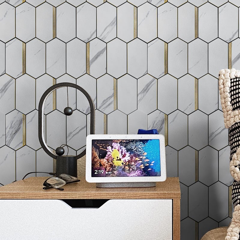 Art3dwallpanels 10-Sheet Hexagon Tile Peel and Stick Backsplash, Stick on Backsplash for Kitchen, Bathroom, Self-Adhesive White Marble Mixed Metal Gold Wall Tiles - Image 3