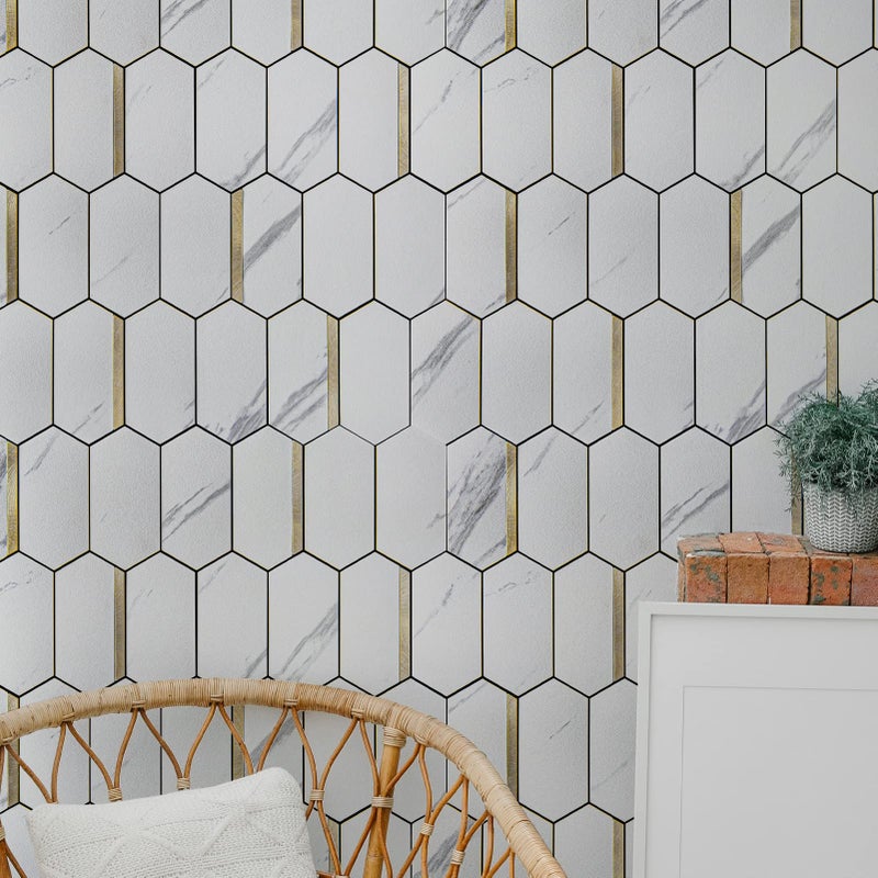 Art3dwallpanels 10-Sheet Hexagon Tile Peel and Stick Backsplash, Stick on Backsplash for Kitchen, Bathroom, Self-Adhesive White Marble Mixed Metal Gold Wall Tiles - Image 4