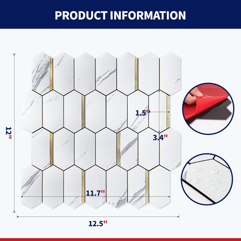 Art3dwallpanels 10-Sheet Hexagon Tile Peel and Stick Backsplash, Stick on Backsplash for Kitchen, Bathroom, Self-Adhesive White Marble Mixed Metal Gold Wall Tiles - Image 2