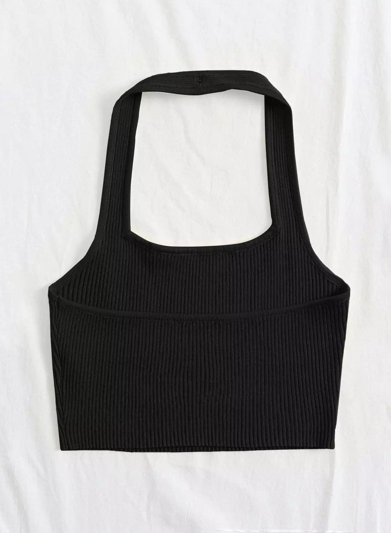 Solid Rib-knit Halter Top  - Image 2