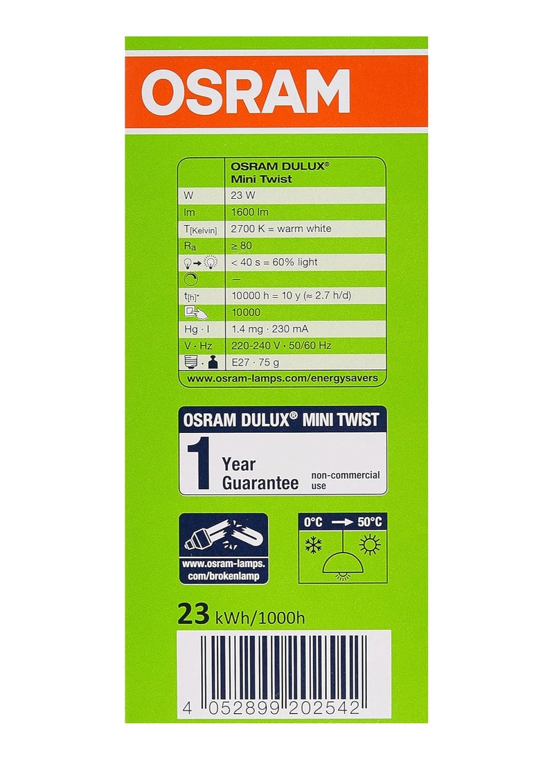 Osram Osram Dulux Smalltar Mini Twist, Compact Fluorescent Integrated, Spiral Shape 23W Screw Base E27, 1600 Lm Warm White 2700K /Energy Class A Bundle Pack Of 3, Oesmtwist-23W-Ws-3Pc  - Image 4