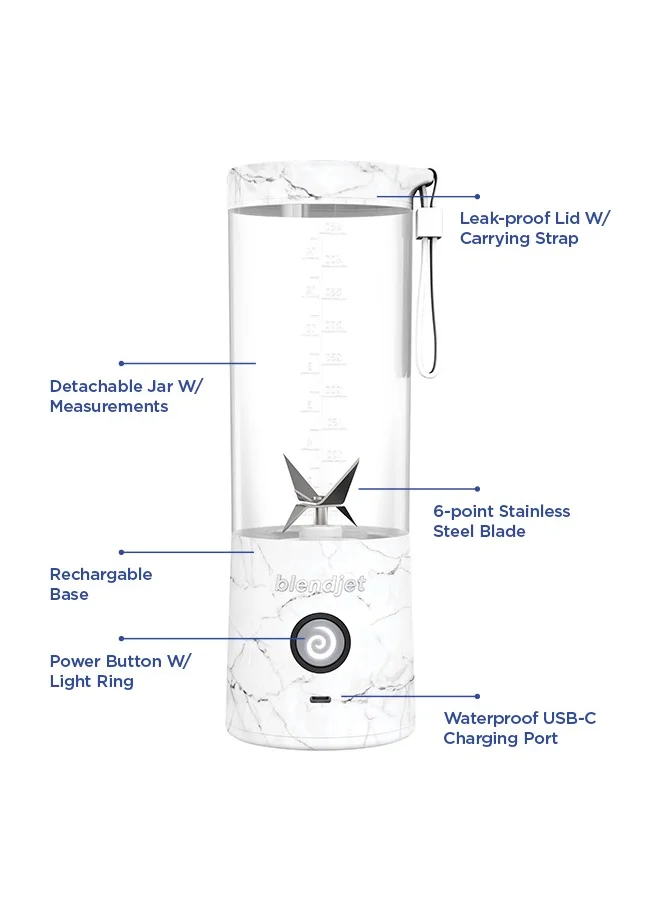 بليندجيت V2 Portable Blender Smoothie Maker, Personal Blender, Fruit Blender, Leak Proof Juicer, BPA-Free 475ml 200W Sports Bottle, USB-C Rechargeable, Ice Crusher with Stainless Steel Blades - White Marble