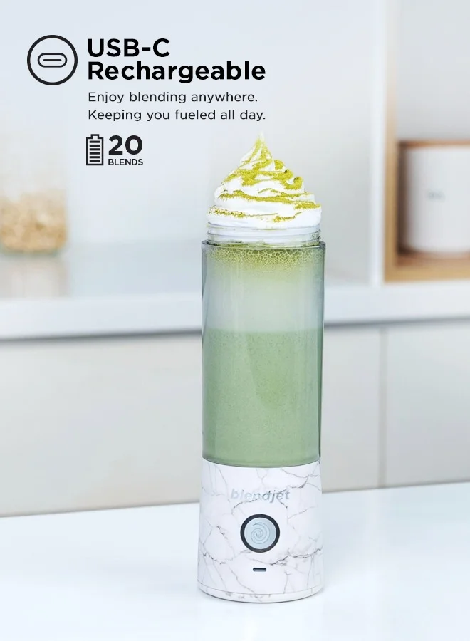 blendjet V2 Portable Blender Smoothie Maker, Personal Blender, Fruit Blender, Leak Proof Juicer, BPA-Free 475ml 200W Sports Bottle, USB-C Rechargeable, Ice Crusher with Stainless Steel Blades - White Marble
