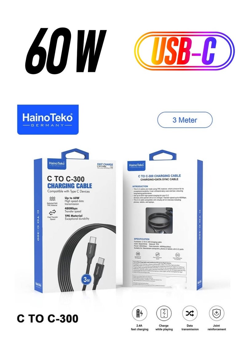 Haino Teko Germany C to C 300 3 Meter Fast Charging Data Cable Compatible with Type C Devices – High-Speed Charging, Durable and Flexible, Black - Image 1