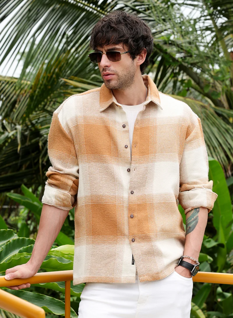 Men's Tan Brown:Off White Vignette-Checkered Oversized Shirt