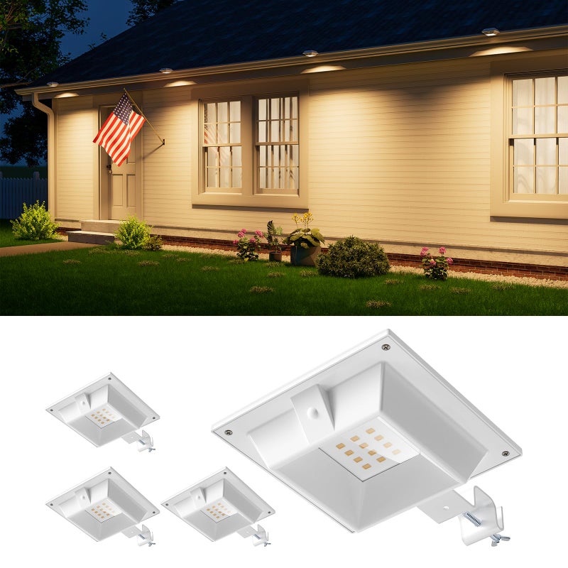FALOVE 4 Pack Solar Powered Gutter Lights Outdoor Decorative Waterproof 12 LEDs Yard Lamp for Fence, Railing, Outside Wall, Deck, Garden, Path, Backyard, Walkway, Patio, No Drilling Installation (Warm White) - Image 1