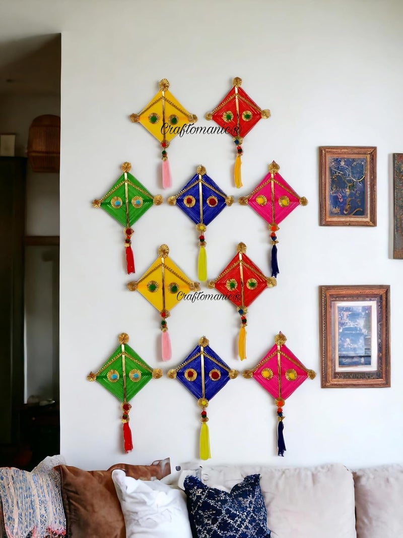 Craftomanic Handmade Woolen Kite Wall Hanging Decoration Wedding Decorations Event Decor Perfect for Diwali Ganpati Pooja Temple Mandir Decoration Pack of 10 - Image 1