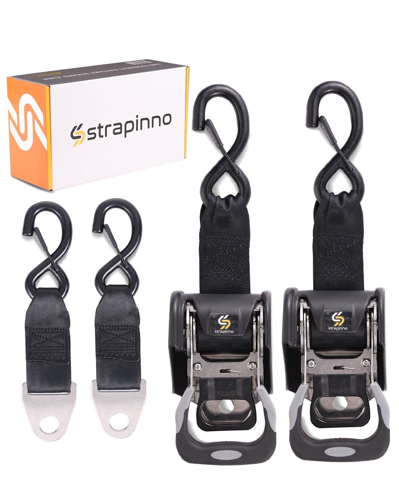 Strapinno 2 قطعة من أشرطة السقاطة القابلة للسحب من الفولاذ المقاوم للصدأ (1 7/8 بوصة × 4 قدم) أربطة رافدة شديدة التحمل مع مجموعة مسامير تمديد الأشرطة وخطافات أمان على شكل حرف S لقوة كسر القارب 1 650 رطل/750 كجم - Image 1