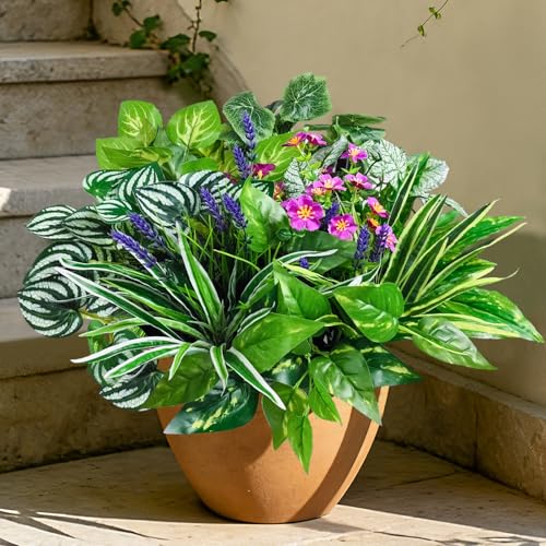 Cherica 12 Pcs Artificial Plants for Outdoors Faux Greenery Leaves UV Resistant Realistic Plastic Large Bunches Shrubs Bushes with Flowers Fake Plants Decor Outdoor for Front Porch Door Patio Garden Yard - Image 1