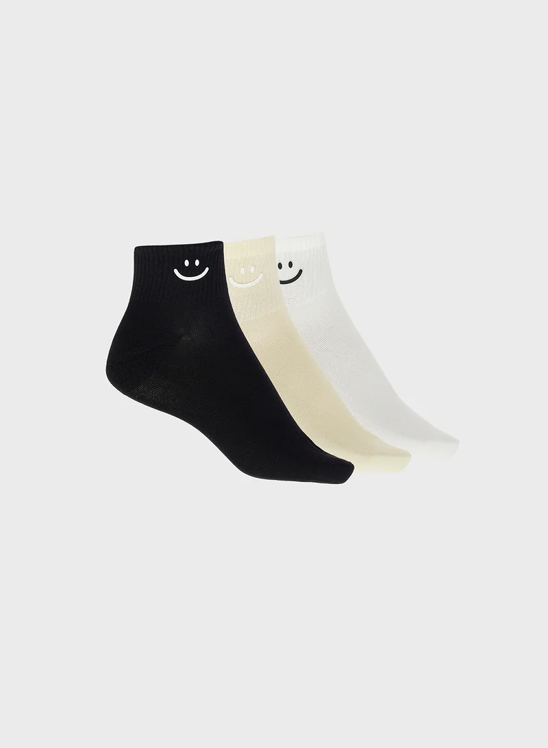 جينجر 3PK Cotton Smiley Detail Ankle Socks