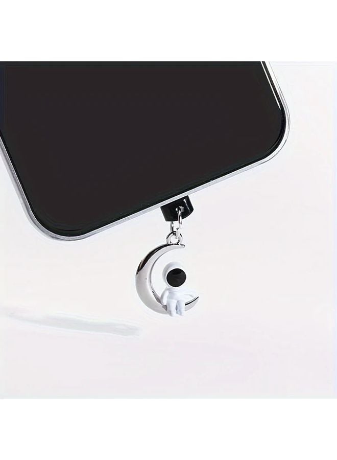 قطعتان سدادة غبار للهاتف بلون فضي، غطاء عالمي لمنفذ الشحن، قلادة رائد فضاء ونجم وقمر - Image 5