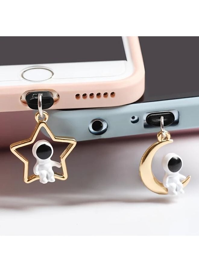 قطعتان سدادة غبار للهاتف بلون فضي، غطاء عالمي لمنفذ الشحن، قلادة رائد فضاء ونجم وقمر - Image 4