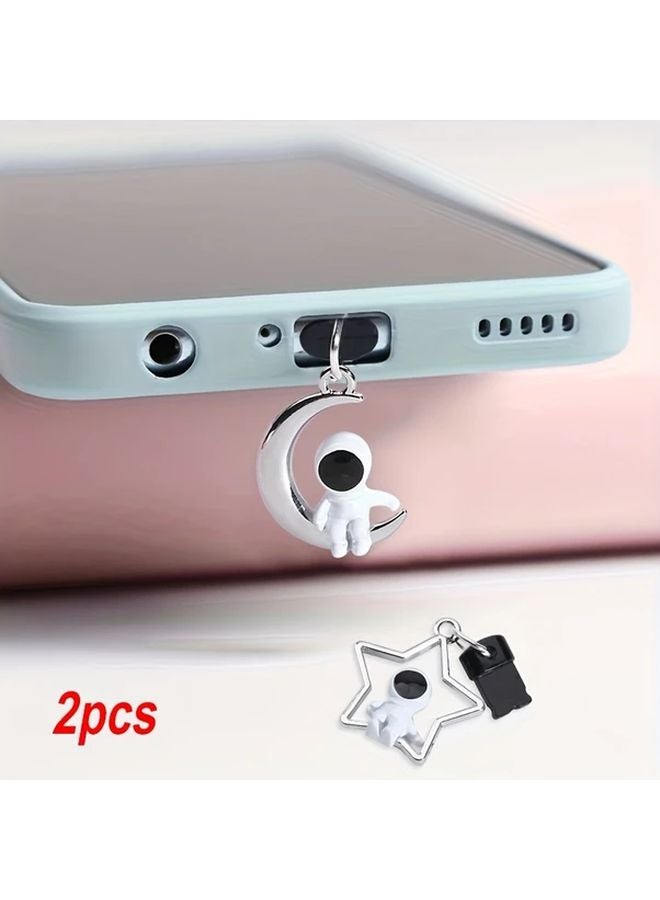 قطعتان سدادة غبار للهاتف بلون فضي، غطاء عالمي لمنفذ الشحن، قلادة رائد فضاء ونجم وقمر - Image 2