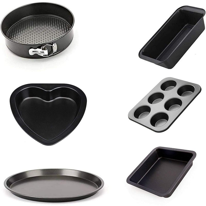 Xacton Cake Baking and Carbon Steel Cake Tins Decoration Tools Combo of Set 3 Different Shape Cake Mould 6 Slot Silicone Mould Tray with 1 Bread Mould and 1 Pizza Tray - Image 1