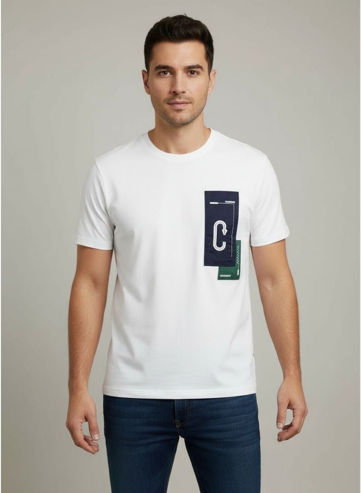 بريميم تي شيرت قطني أبيض بطبعة جيب باللون الأزرق البحري – تي شيرت رجالي كاجوال بقصة ضيقة - Image 1