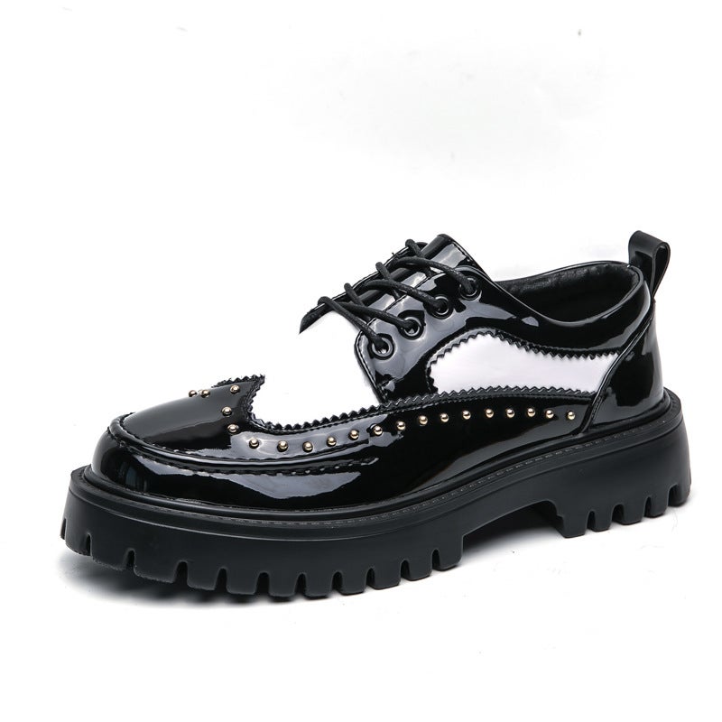 Fashion Men's Lace Up Oxfords with Studs, Thick Sole, Height Increasing, Black and White - Image 5