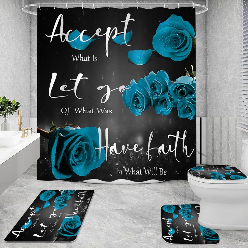 Litabel 4 Pcs Teal Rose Shower Curtain Sets with Non-Slip Rug, Toilet Lid Cover and Bath Mat, Thankful Grateful Blessed Black Teal Retro Elegant Shower Curtain Valentine's Day Bathroom Set(Hooks Not Included) - Image 2