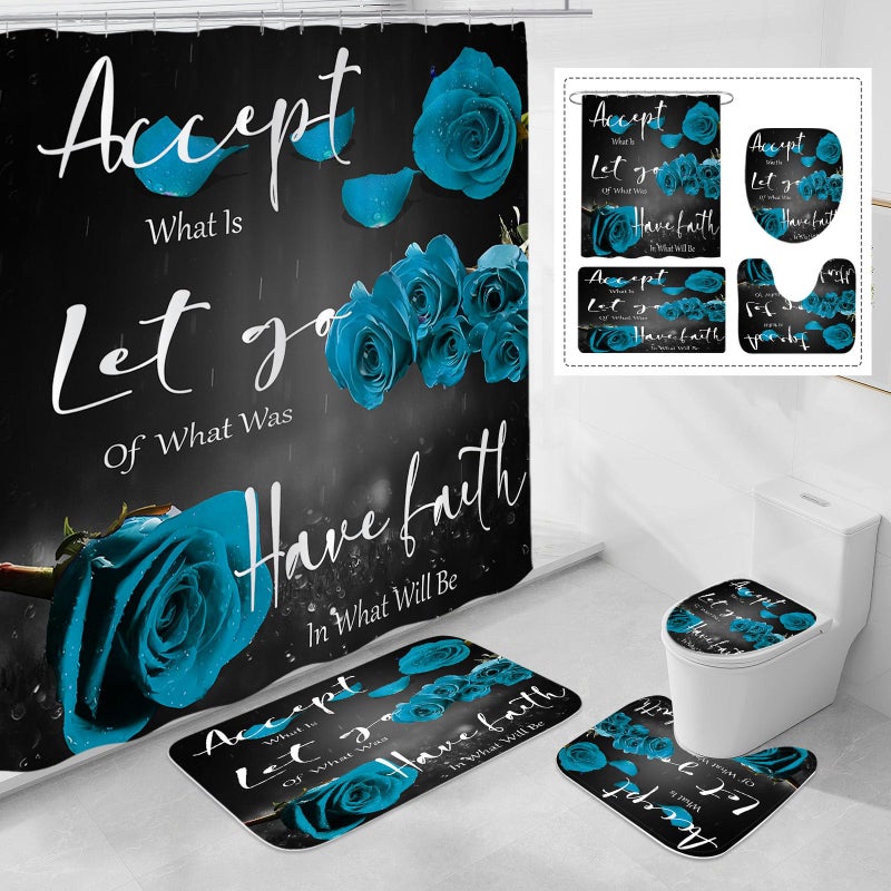 Litabel 4 Pcs Teal Rose Shower Curtain Sets with Non-Slip Rug, Toilet Lid Cover and Bath Mat, Thankful Grateful Blessed Black Teal Retro Elegant Shower Curtain Valentine's Day Bathroom Set(Hooks Not Included) - Image 1