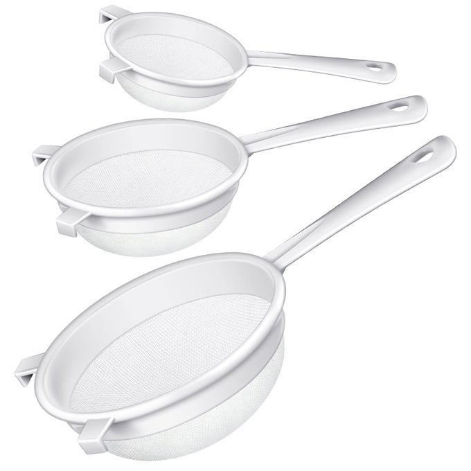 3 PCS PLASTIC NYLON MESH STRAINER COLANDER WITH HANDLE DOUBLE EAR FINE FOOD MESH STRAINER FLOUR SIFTER FOR BAKING KITCHEN COLANDER SIFTER KEFIR TEA JUICE PASTA3 INCH 4 INCH 55 INCH