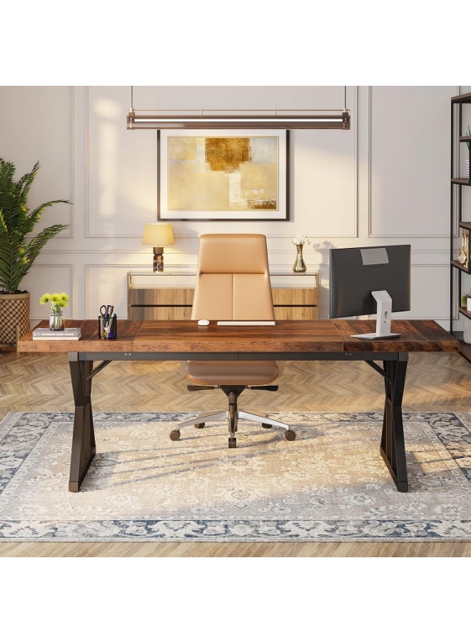 LITTLE TREE 180 CM Executive Desk, Large Computer Office Desk Workstation, Modern Simple Style Laptop Desk Study Writing Table Business Furniture for Home Office (Brown/Black) - Image 3