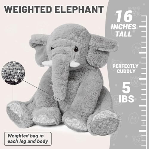 JellyMallow Elephant Weighted Stuffed Animals 5 lbs 16 inches Gray, Large Weighted Elephant Plushie Cuddly Pillow Gift for Kids & Adults - Image 2