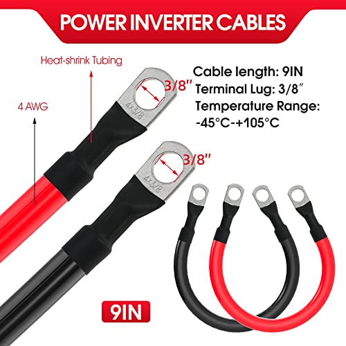 TUELETFU كابل بطارية 4 AWG كابل نحاسي نقي 4AWG مع لقم 3/8 بوصة في كلا الطرفين مجموعة أسلاك العاكس للسيارات والطاقة الشمسية والبحرية والقوارب والمركبات الترفيهية والدراجات النارية باللونين الأحمر والأسود (9 بوصة) - Image 2