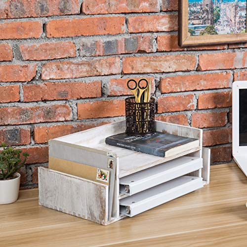 MyGift 3Tier Desk Organizer File Tray Wood Letter Holder for Office Farmhouse White Wood Desktop Document Organizer with Paper Storage - Image 3