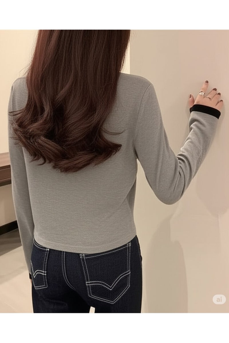 A.M Pure cotton contrast color long-sleeved T-shirt tops women's slim early spring and autumn bottoming shirtPure cotton contrast color long-sleeved T-shirt tops women's slim early spring and autumn bottoming shirt - Image 4