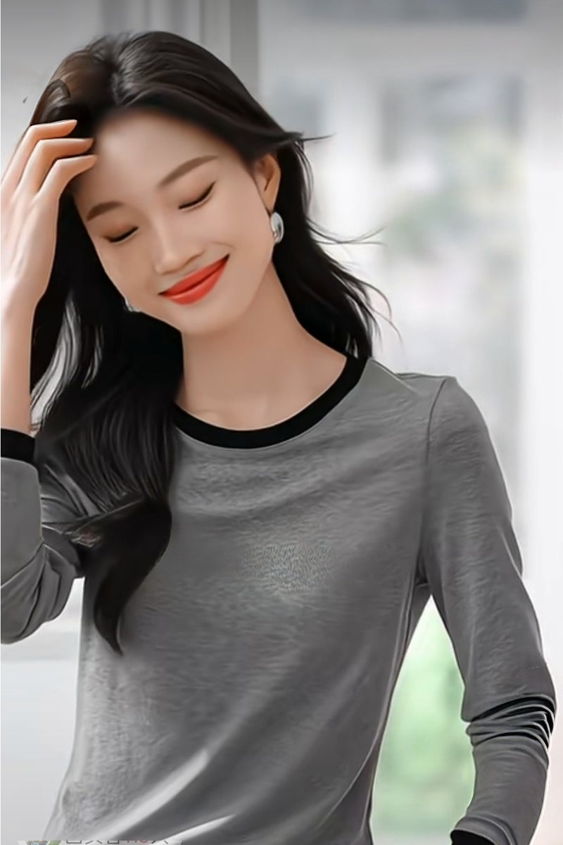 A.M Pure cotton contrast color long-sleeved T-shirt tops women's slim early spring and autumn bottoming shirtPure cotton contrast color long-sleeved T-shirt tops women's slim early spring and autumn bottoming shirt - Image 1