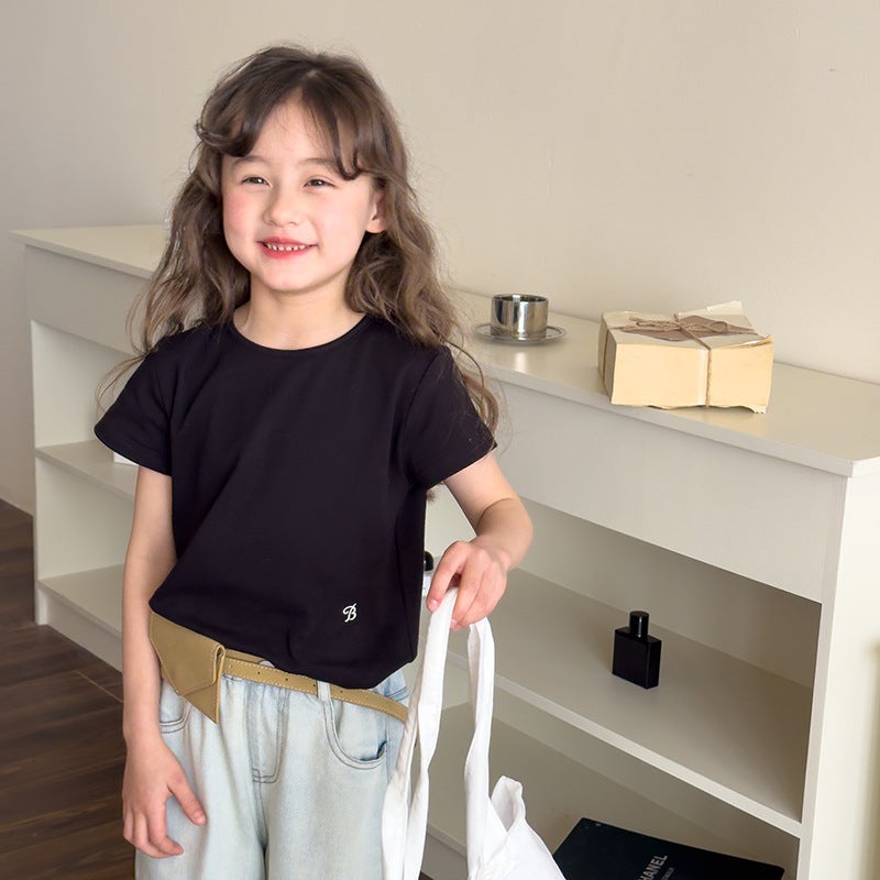 Aimo Beibei Children''s Summer Basic Simple Short-Sleeve Girls'' Stylish Quality Embroidered Letter Round-Neck T-Shirt Top - Image 1
