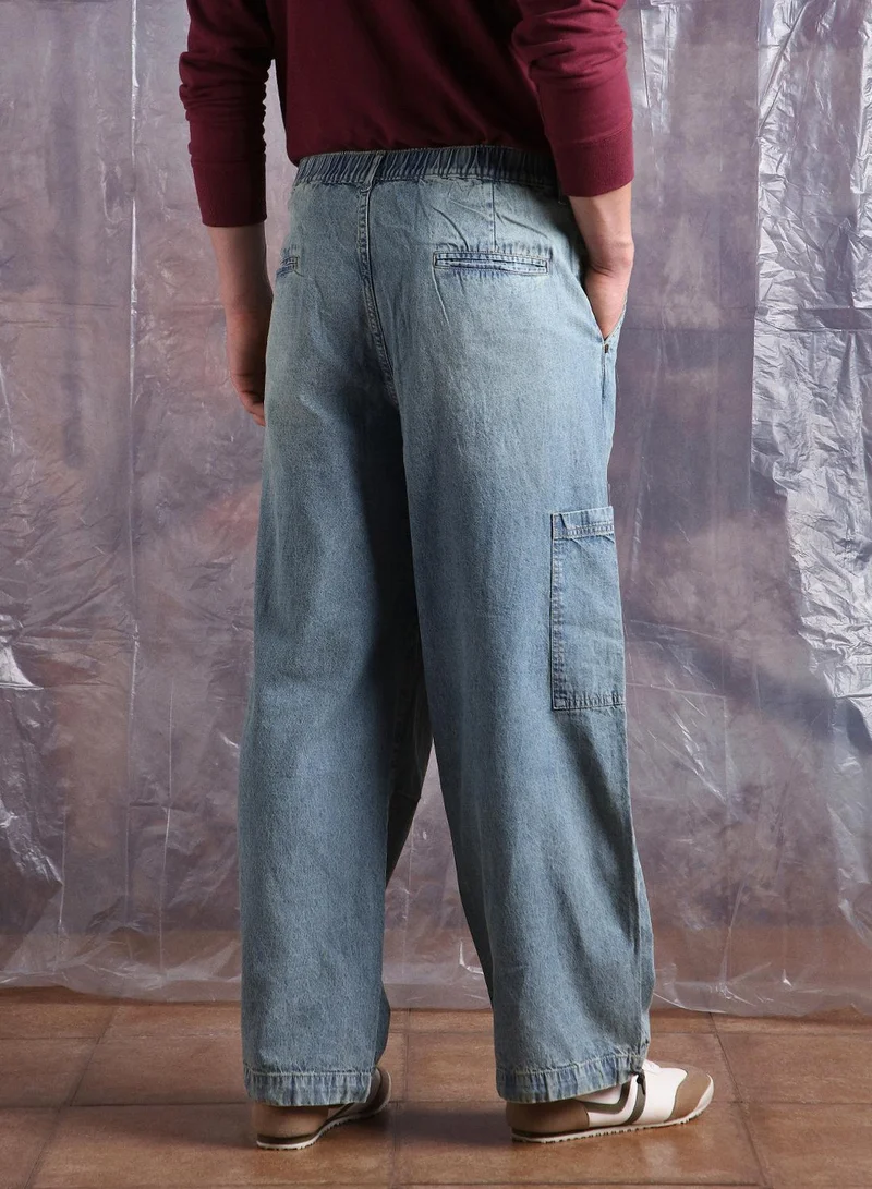 هوبرهولمي Men Denim Light Fade Mid-Rise Loose Fit Cargo Jeans