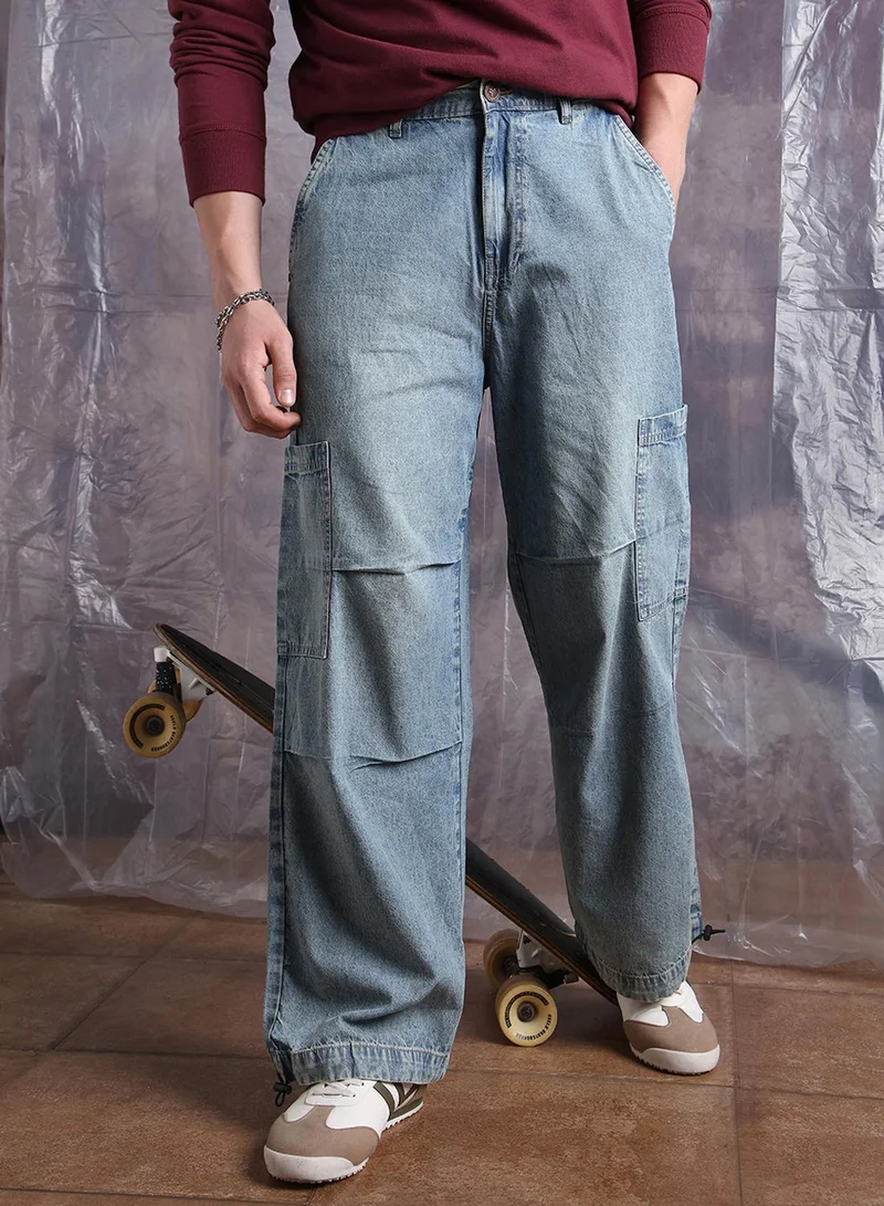 هوبرهولمي Men Denim Light Fade Mid-Rise Loose Fit Cargo Jeans