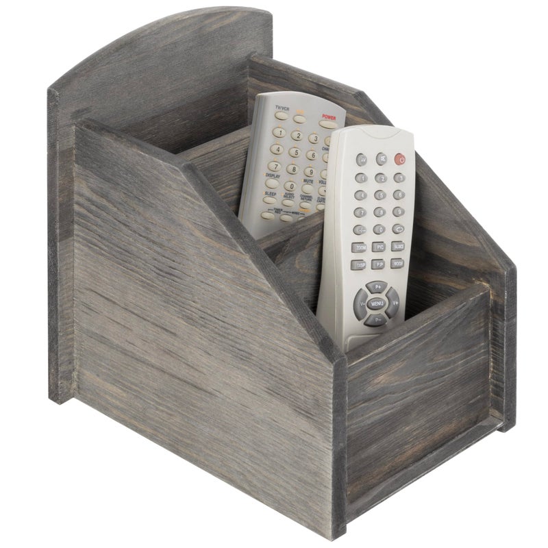 MyGift Rustic Dark Gray Wood Remote Control Holder Organizer Caddy with 3 Compartments TV  Media Remote Storage Box for Living Room