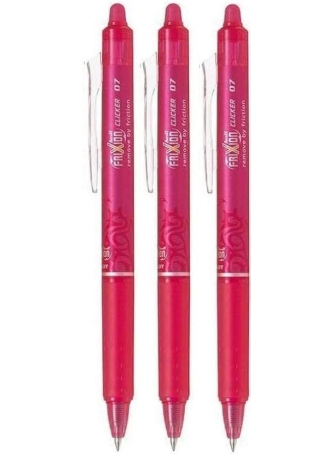 Pilot Pink Frixion Clicker Retractable Fine Rollerball Erasable Pens Pen 0.7mm Nib Tip 0.35mm Line BLRT-FR7 (Pack Of 3) - Image 1