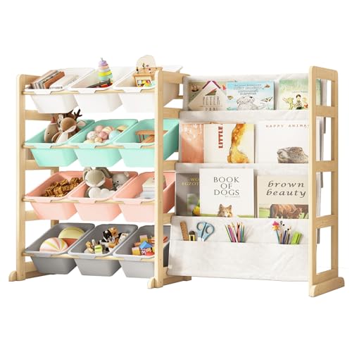 EXPERLAM Toy Storage Organizer with Bookshelf 12 Storage Bins 4Tier Multipurpose Shelf to Organize Toys and Books for Kids Room Playroom Nursery Room MultiColor - Image 1