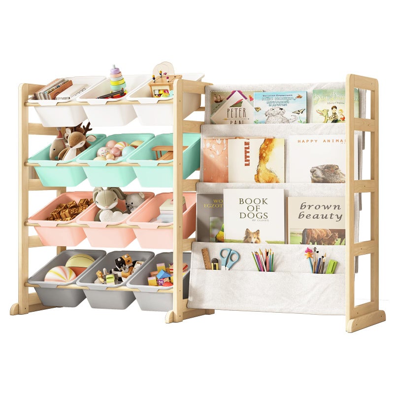 EXPERLAM Toy Storage Organizer with Bookshelf 12 Storage Bins 4Tier Multipurpose Shelf to Organize Toys and Books for Kids Room Playroom Nursery Room MultiColor - Image 2