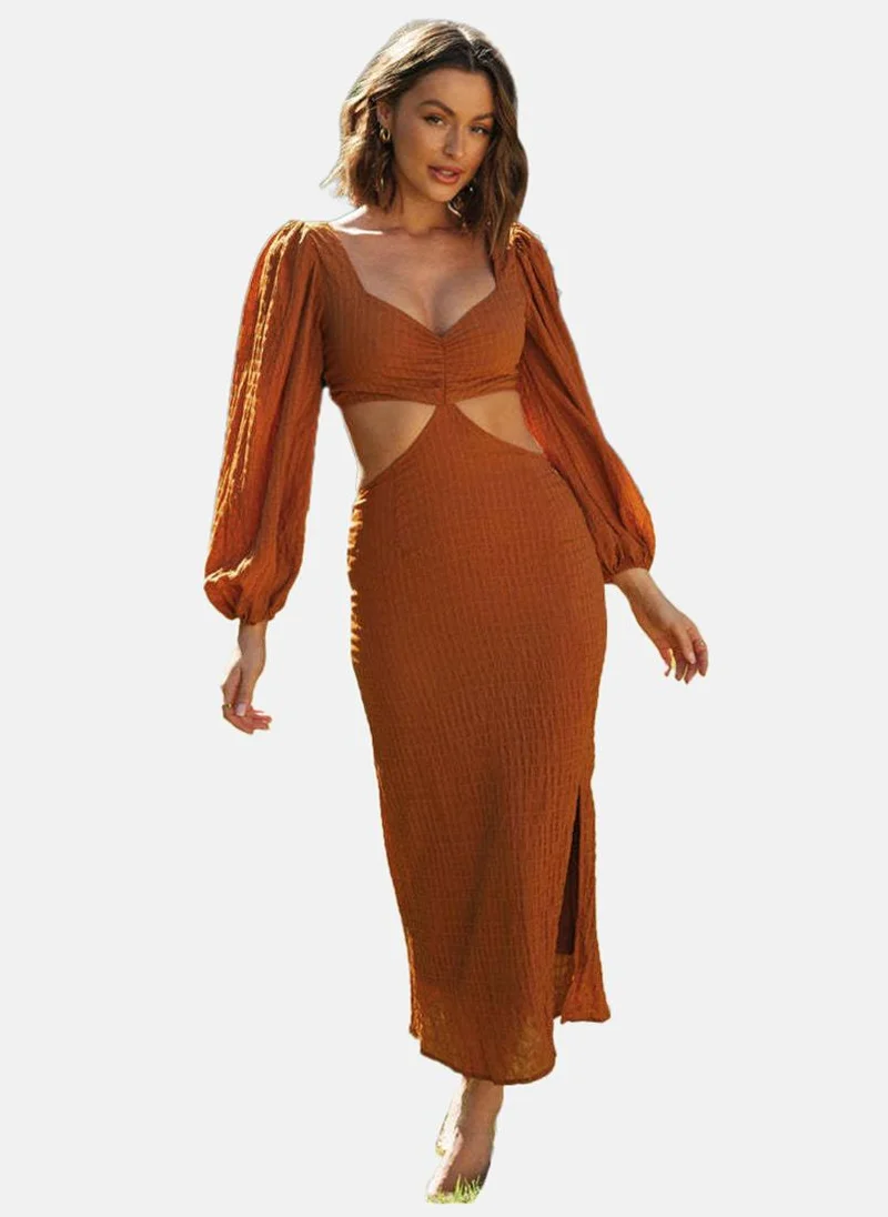 يونيكي Rust Sweetheart Neck Solid Bodycon Dress