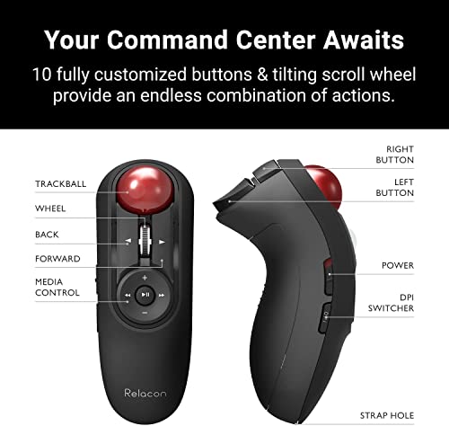 ELECOM Relacon Handheld Trackball Mouse, Thumb Control, 2.4GHz Wireless, Ergonomic Design, 10-Button Function with Smooth Tracking, Windows11, MacOS (M-RT1DRBK) - Image 4