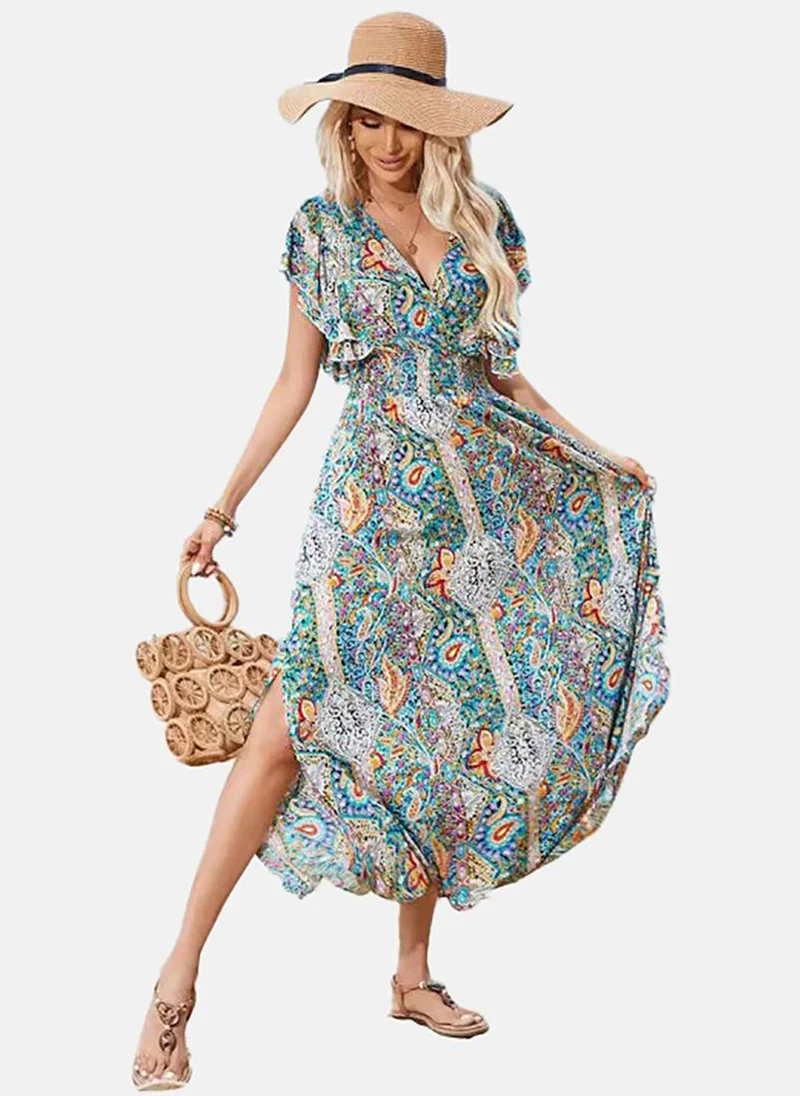يونيكي Blue Ethnic Motifs Printed Flutter Sleeves Maxi Dress