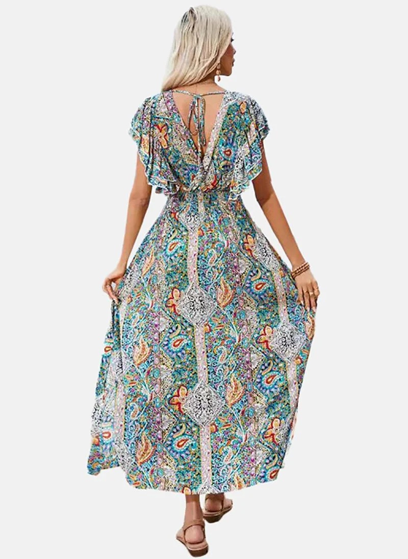 يونيكي Blue Ethnic Motifs Printed Flutter Sleeves Maxi Dress
