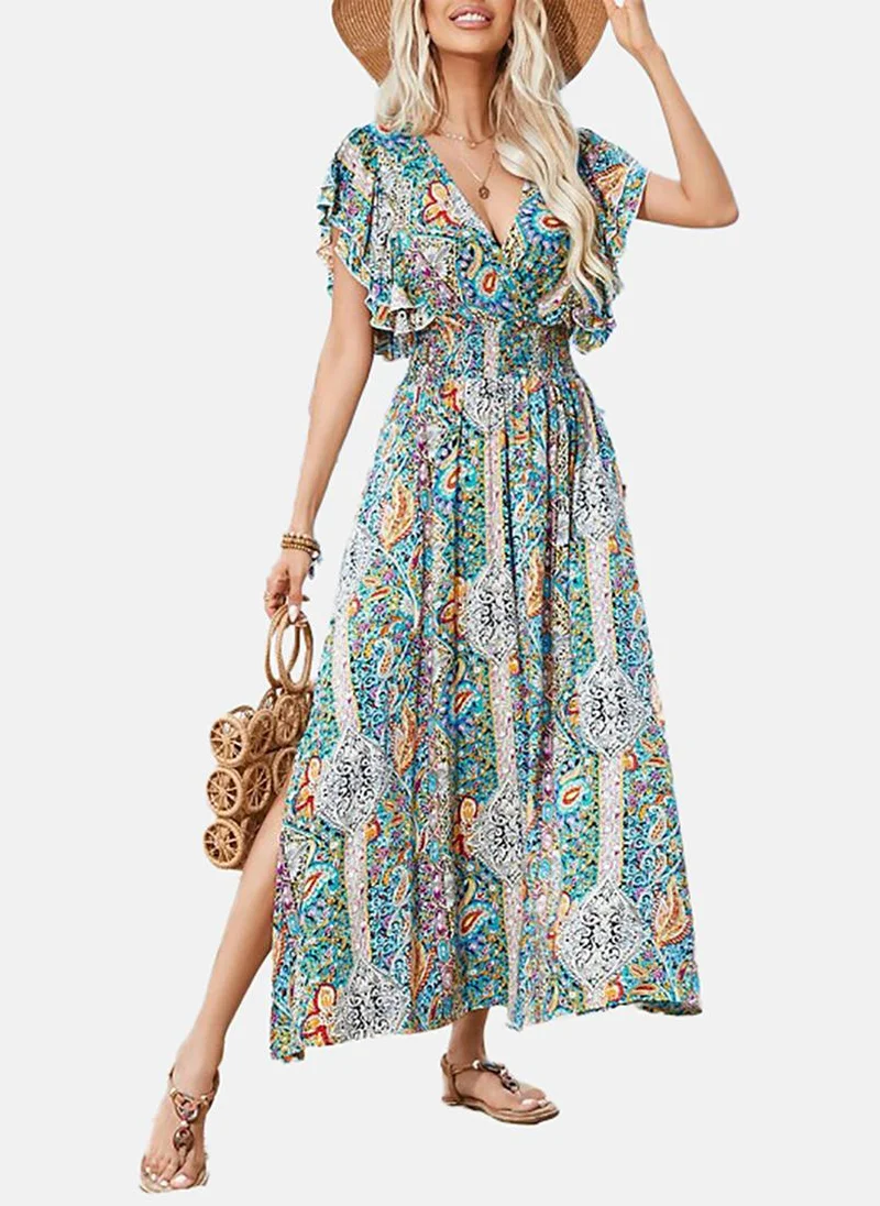 YUNIQEE Blue Ethnic Motifs Printed Flutter Sleeves Maxi Dress