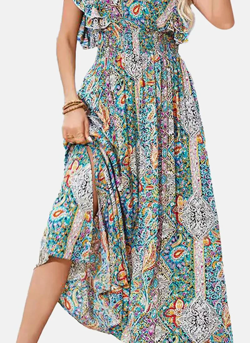 يونيكي Blue Ethnic Motifs Printed Flutter Sleeves Maxi Dress
