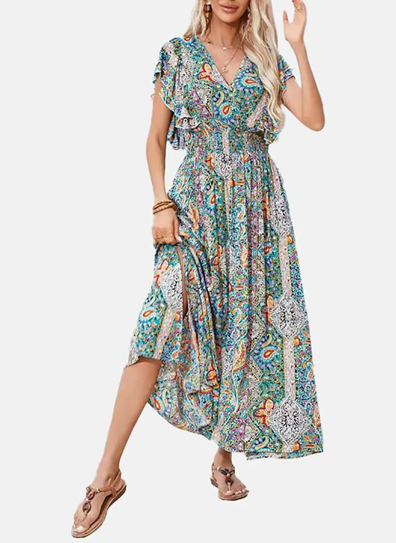 YUNIQEE Blue Ethnic Motifs Printed Flutter Sleeves Maxi Dress