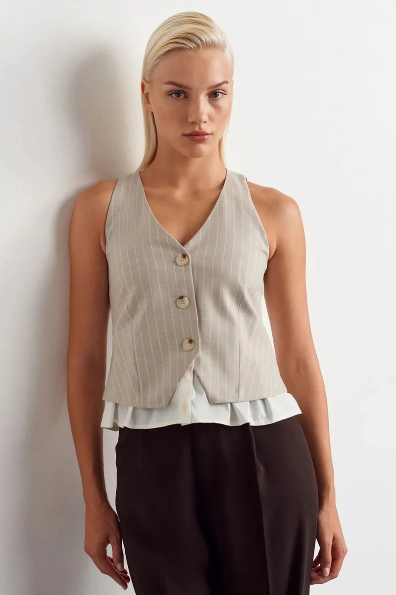 Dilvin Beige Natural DILVIN Striped Crop Waistcoat for Women | Best Price UAE