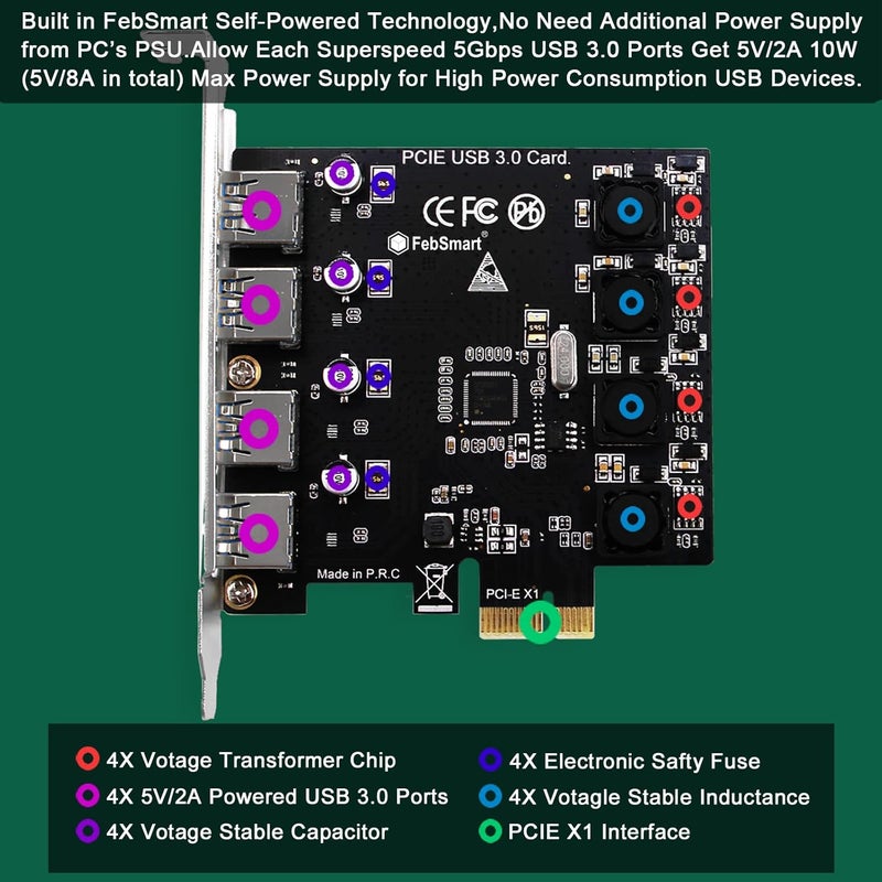 FebSmart 4 Ports Superspeed 5Gbps USB 3.0 PCI Express Expansion Card for Windows 11, 10, 8.x, 7, Vista, XP Desktop PCs, Built in Self-Powered Technology, No Need Additional Power Supply (FS-U4-Pro) - Image 3